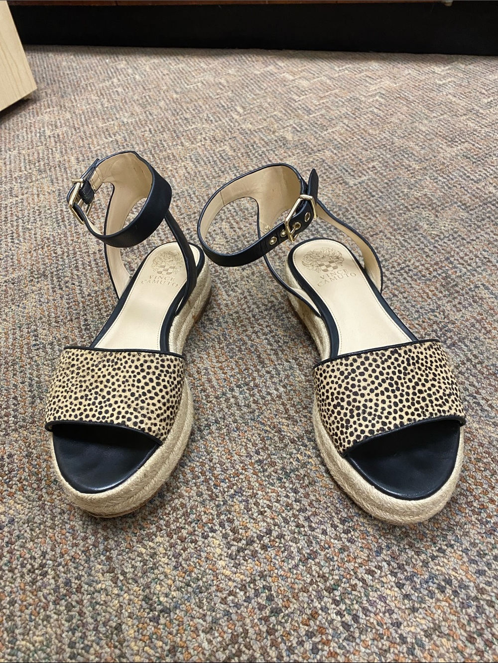 Vince Camuto Leopard Print Espadrille Ankle-Strap Sandals in Black and Tan